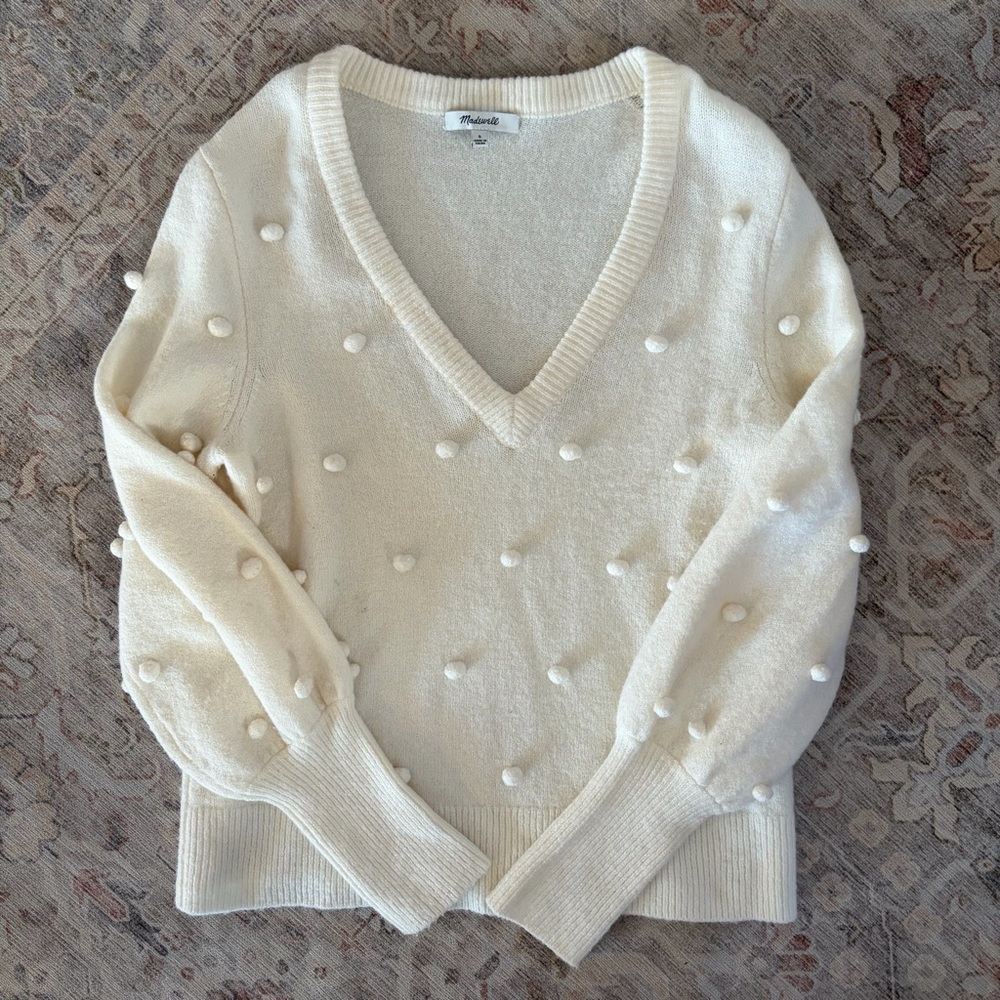 Madewell Cream V-Neck Sweater with Pom Pom Details & Balloon Sleeves